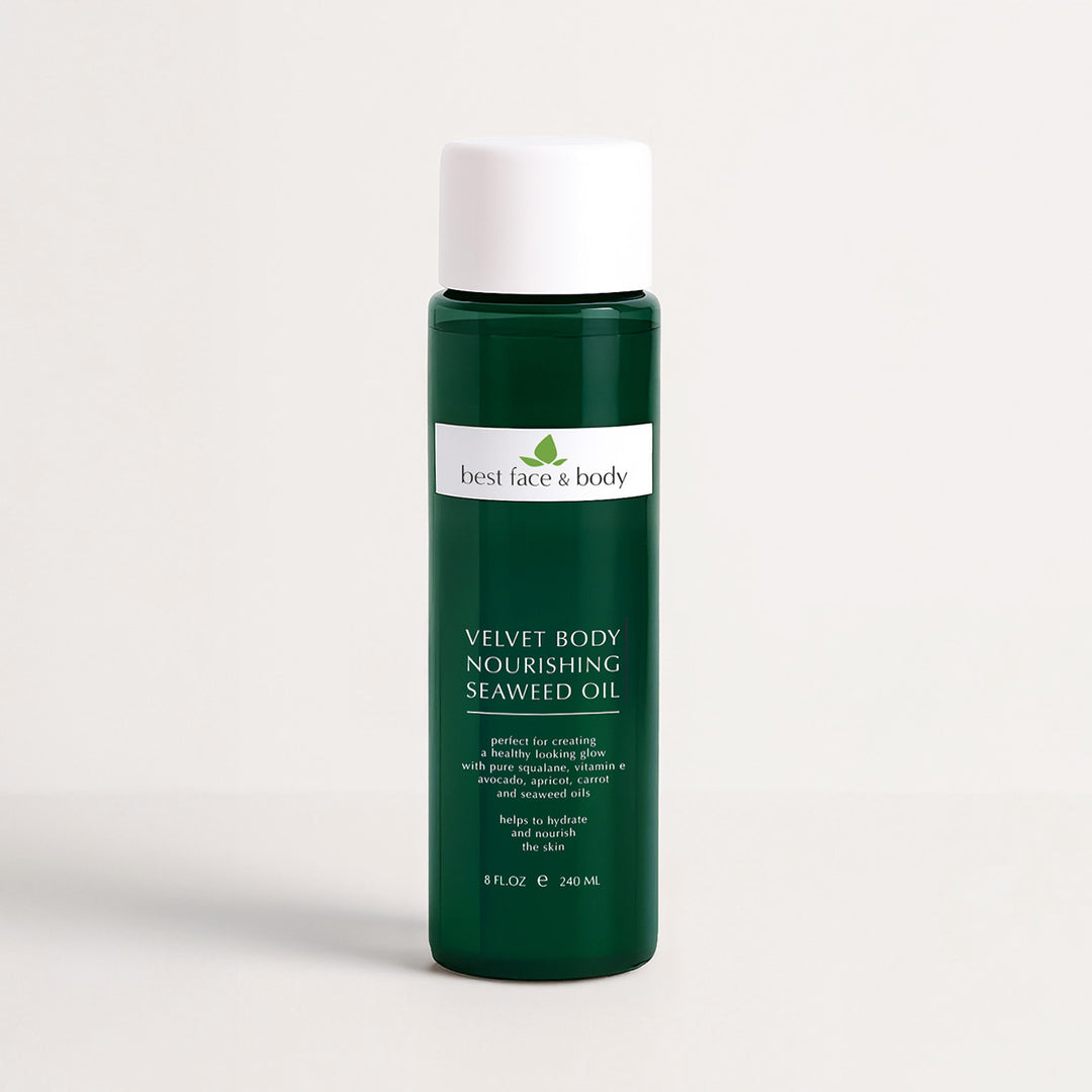 Green bottle of 'Best Face & Body' velvet body nourishing seaweed oil on a white
 background