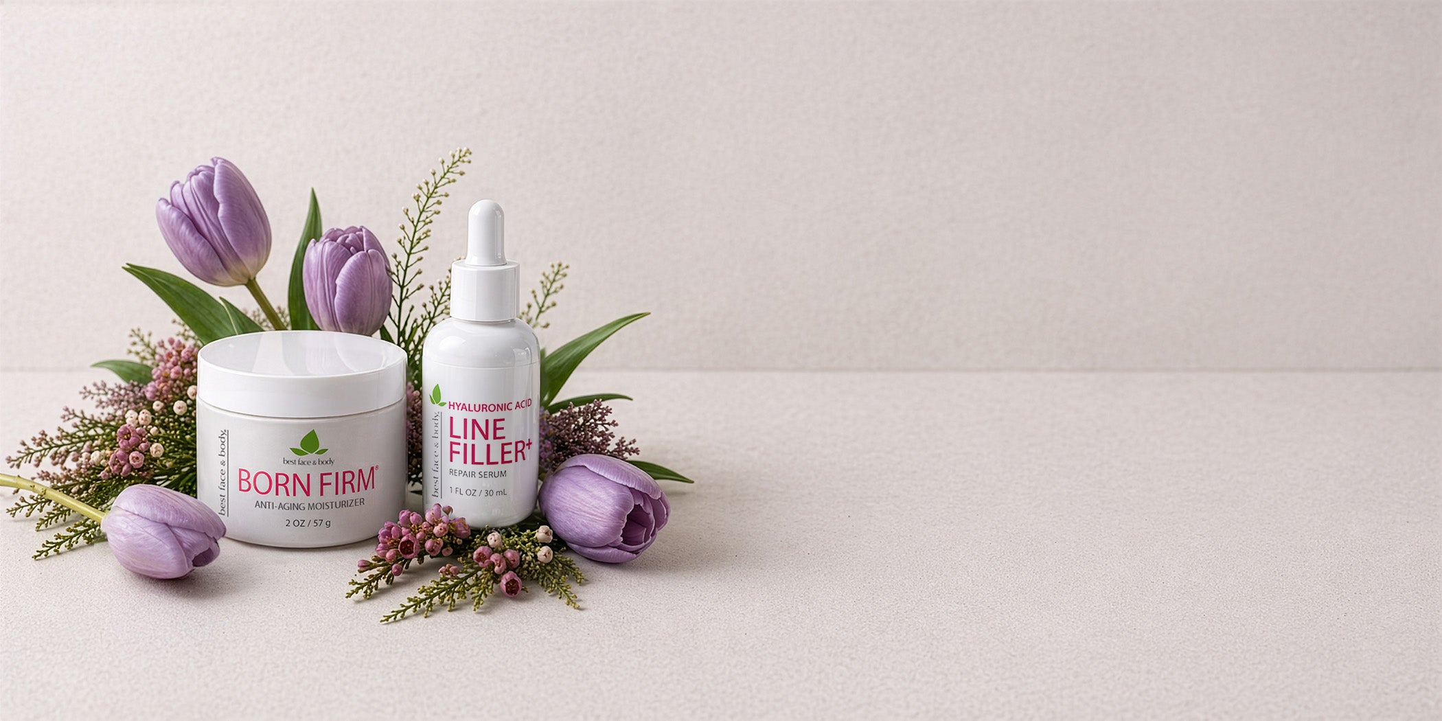 Cosmetic products with flowers on a light background - Best Face & Body