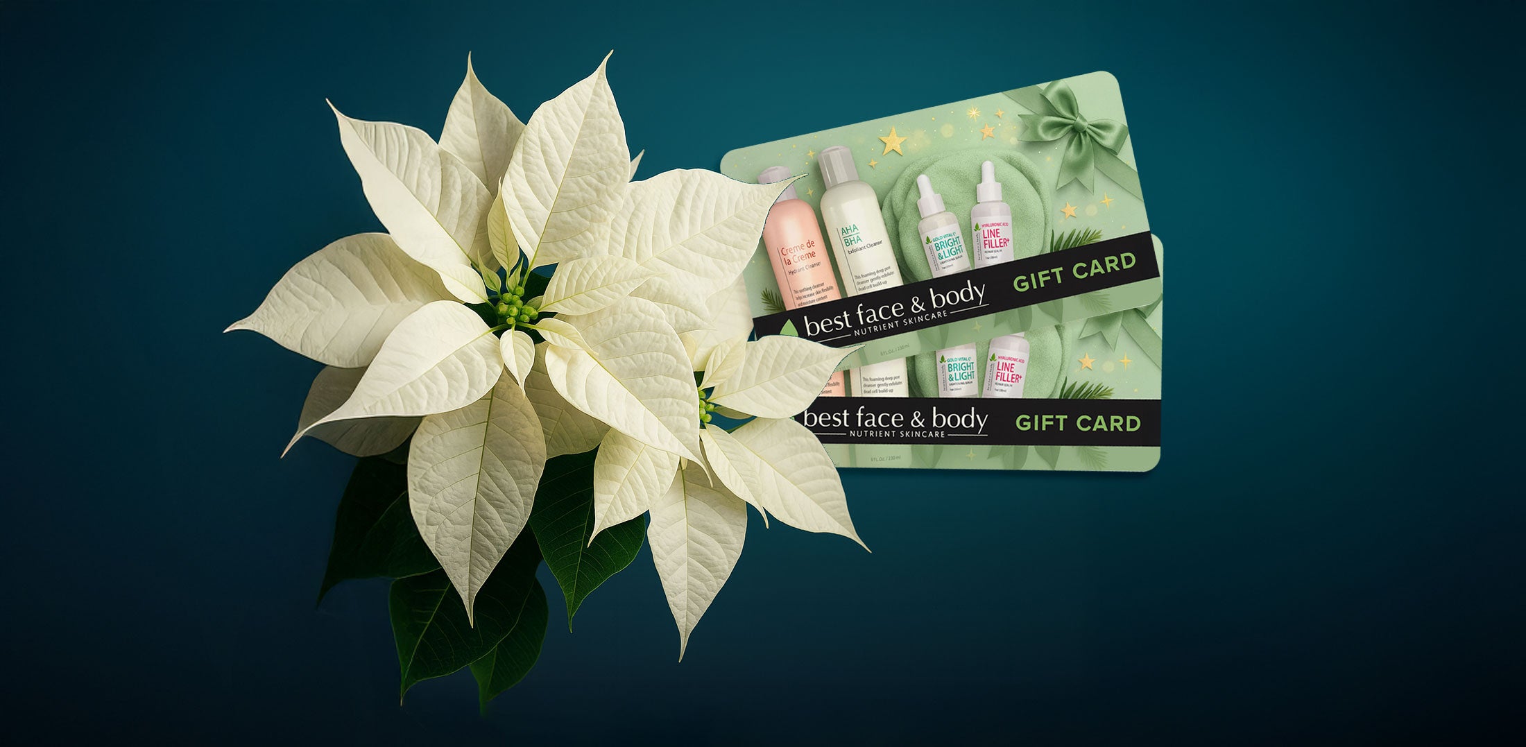 Gift card with cosmetic products and a white poinsettia flower on a dark blue background