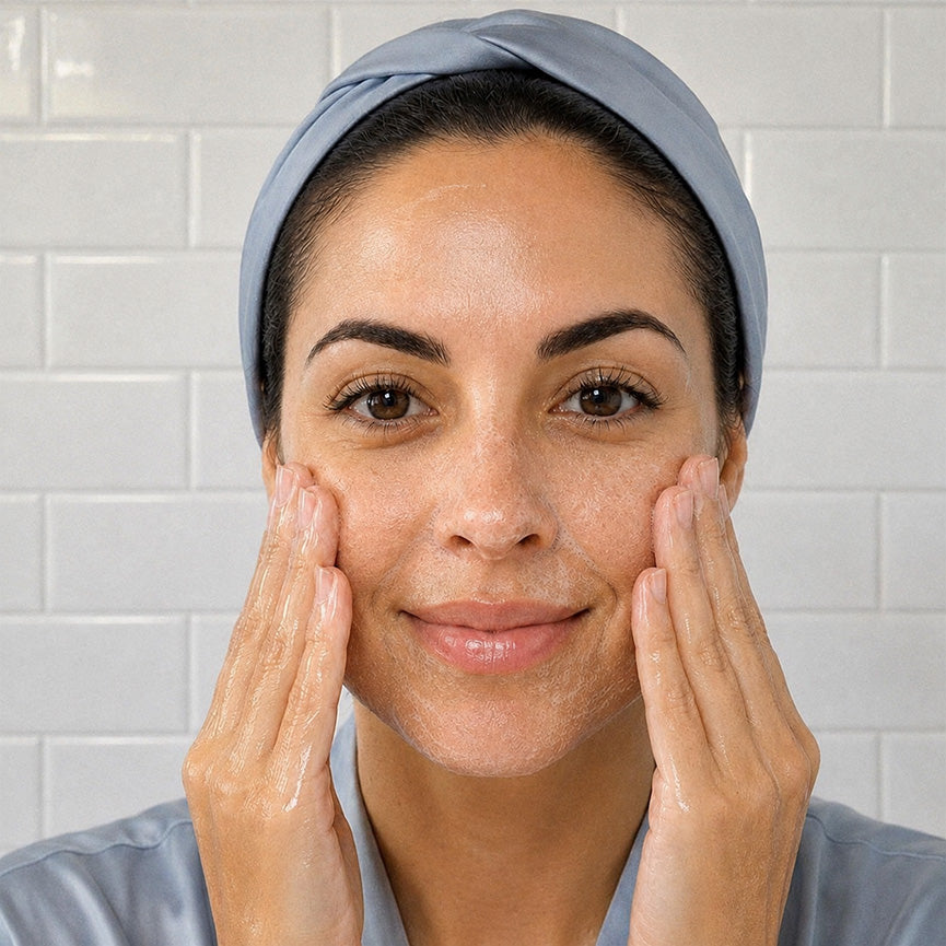 A woman with foaming AHA/BHA cleanser on her face wears a light blue satin robe and matching headband, touching her cheeks against a white subway tile wall.