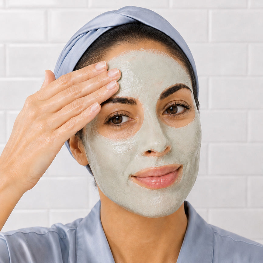 A woman wearing a light blue satin robe and matching headwrap applies a thick green clay mask to her face, set against a white subway tile wall.
