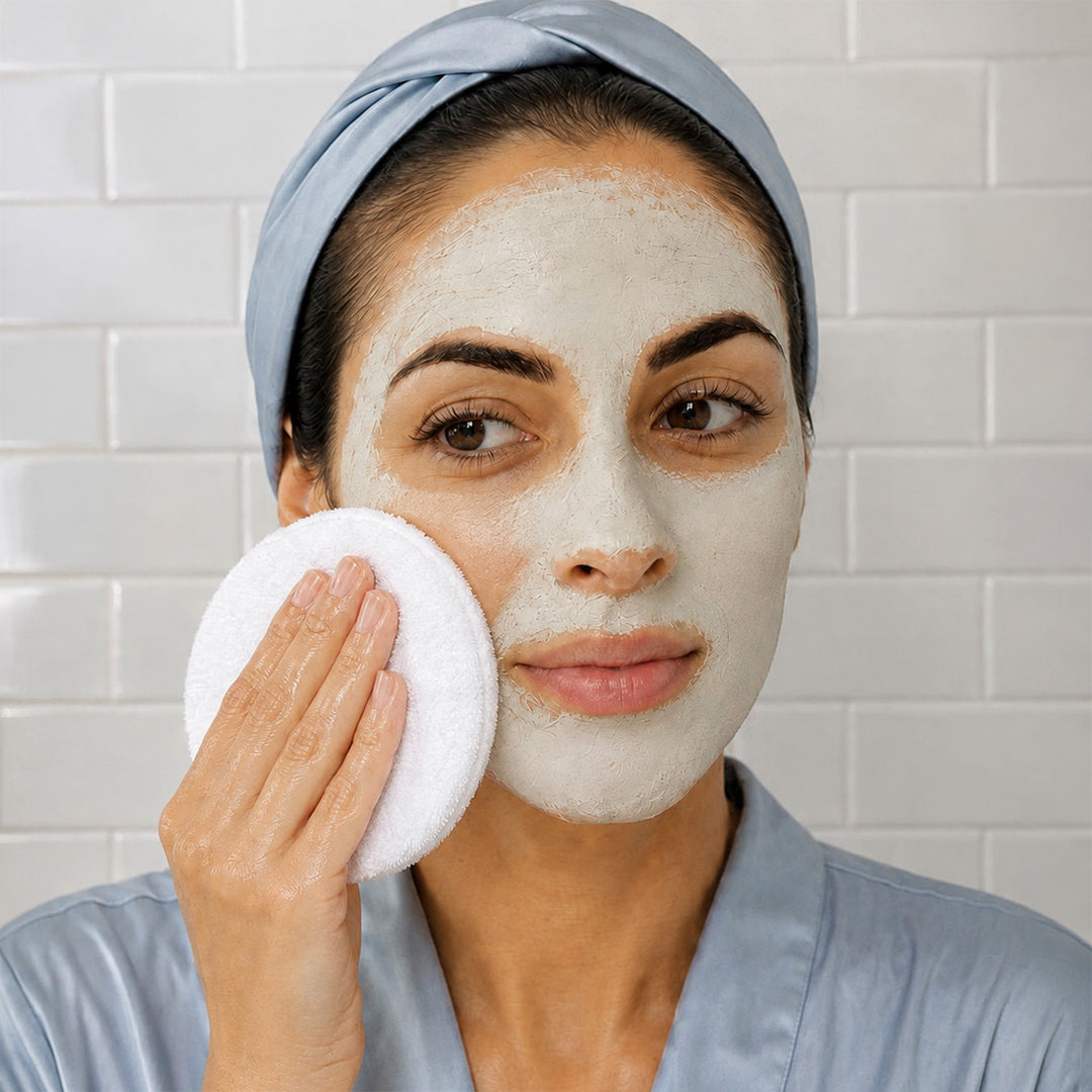 A woman wearing a light blue satin robe and matching headwrap applies a white cleansing mask pad to her face against a white subway tile wall.