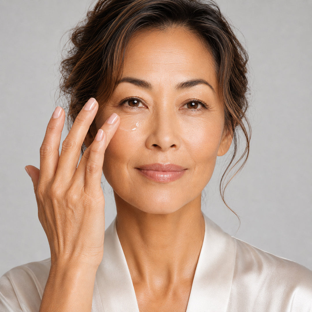 A close-up of a woman with her hand touching her face, wearing a white satin robe against a neutral gray background.