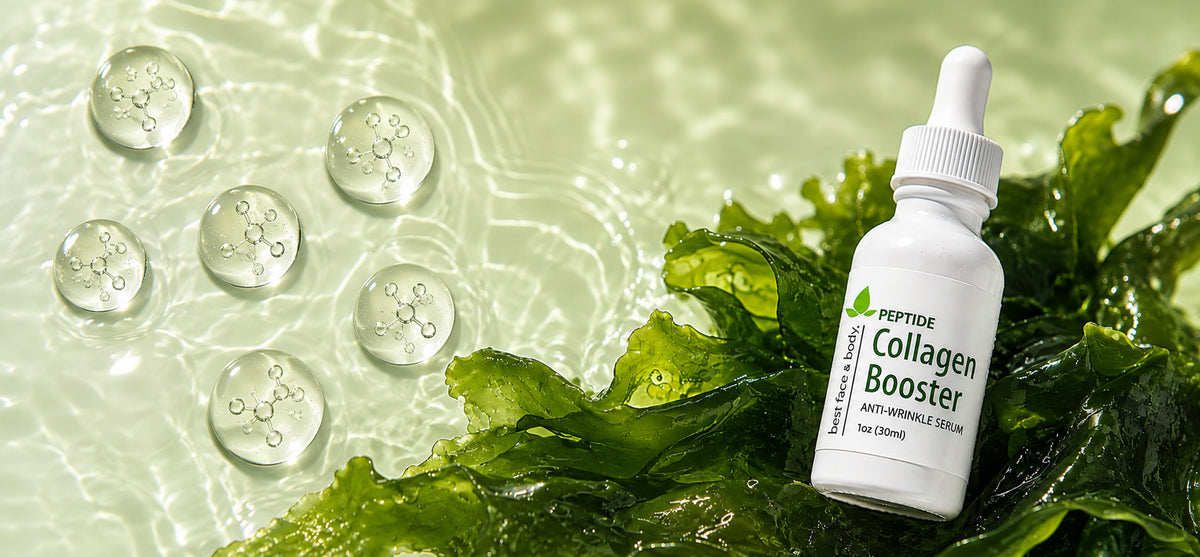 A white dropper bottle labeled Peptide Collagen Booster placed on green seaweed over water with bubbles.
