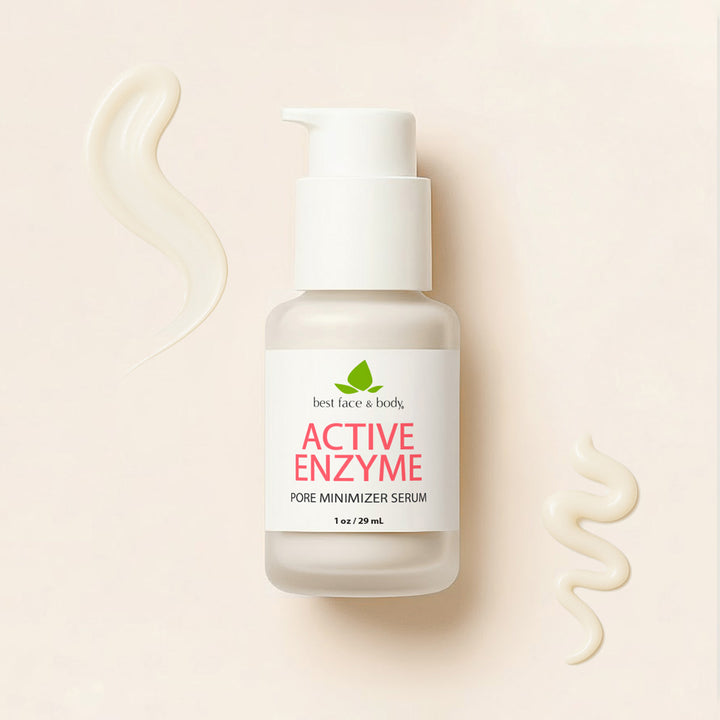 Serum bottle labeled 'Active Enzyme' on a beige background