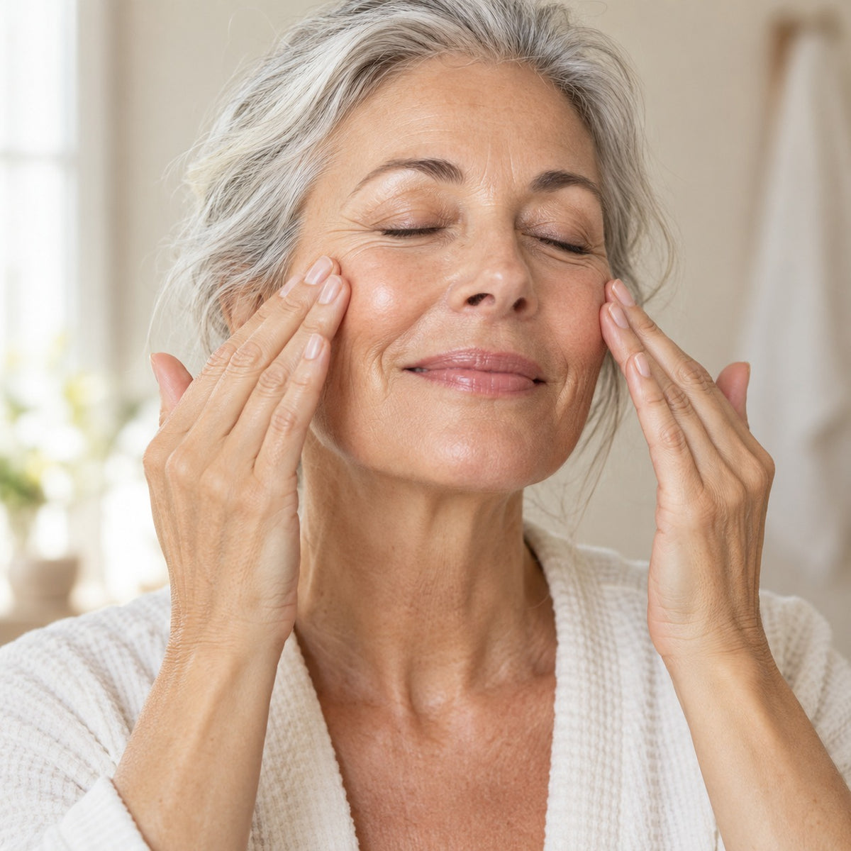 Woman with silver hair smoothing moisturizer upward along her cheekbones with her fingertips