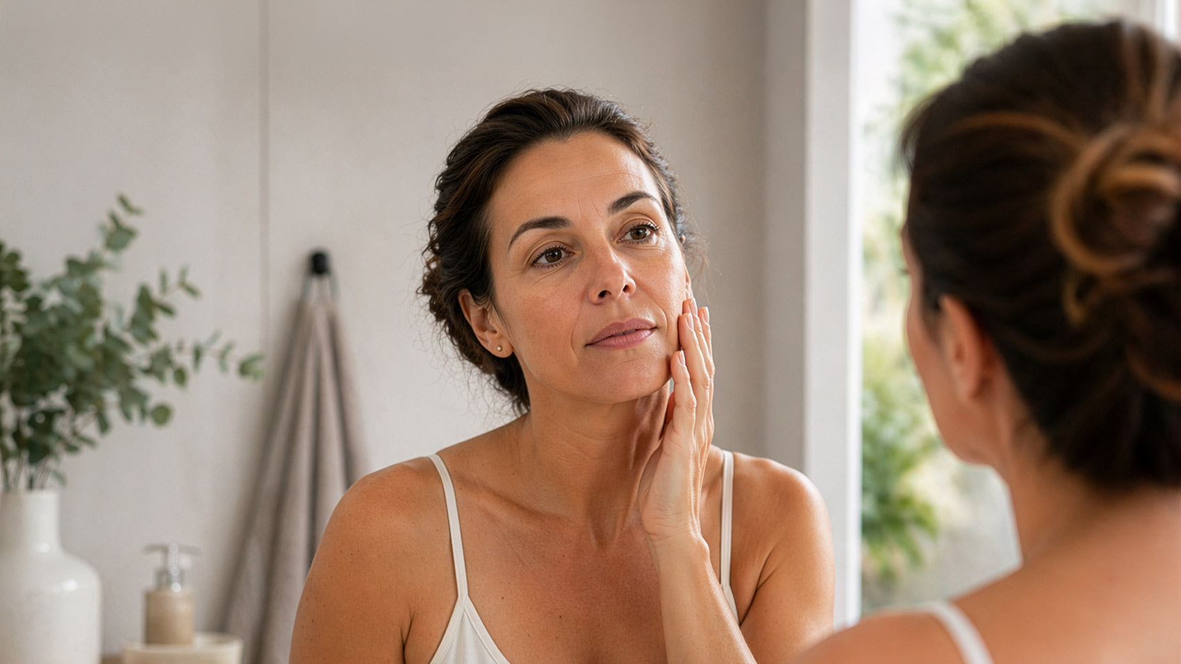Woman examining her skin in a mirror in a bathroom setting.