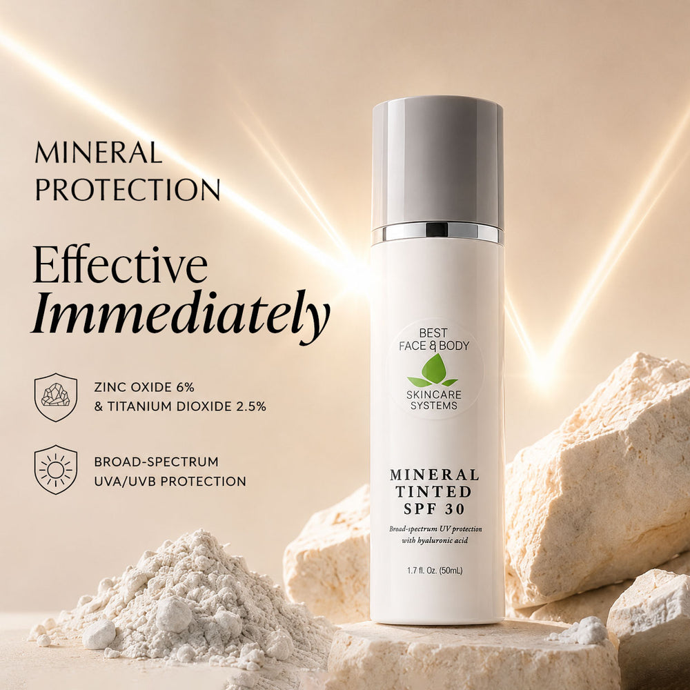 Mineral tinted SPF 30 skincare product with natural elements on a beige background with rocks ad zinc powder. Text: Mineral Protection Effective Immediately