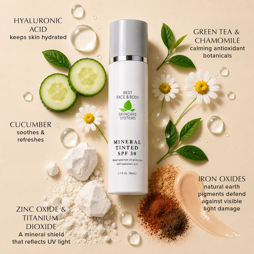 Mineral tinted SPF 30 product with natural ingredients on a beige background