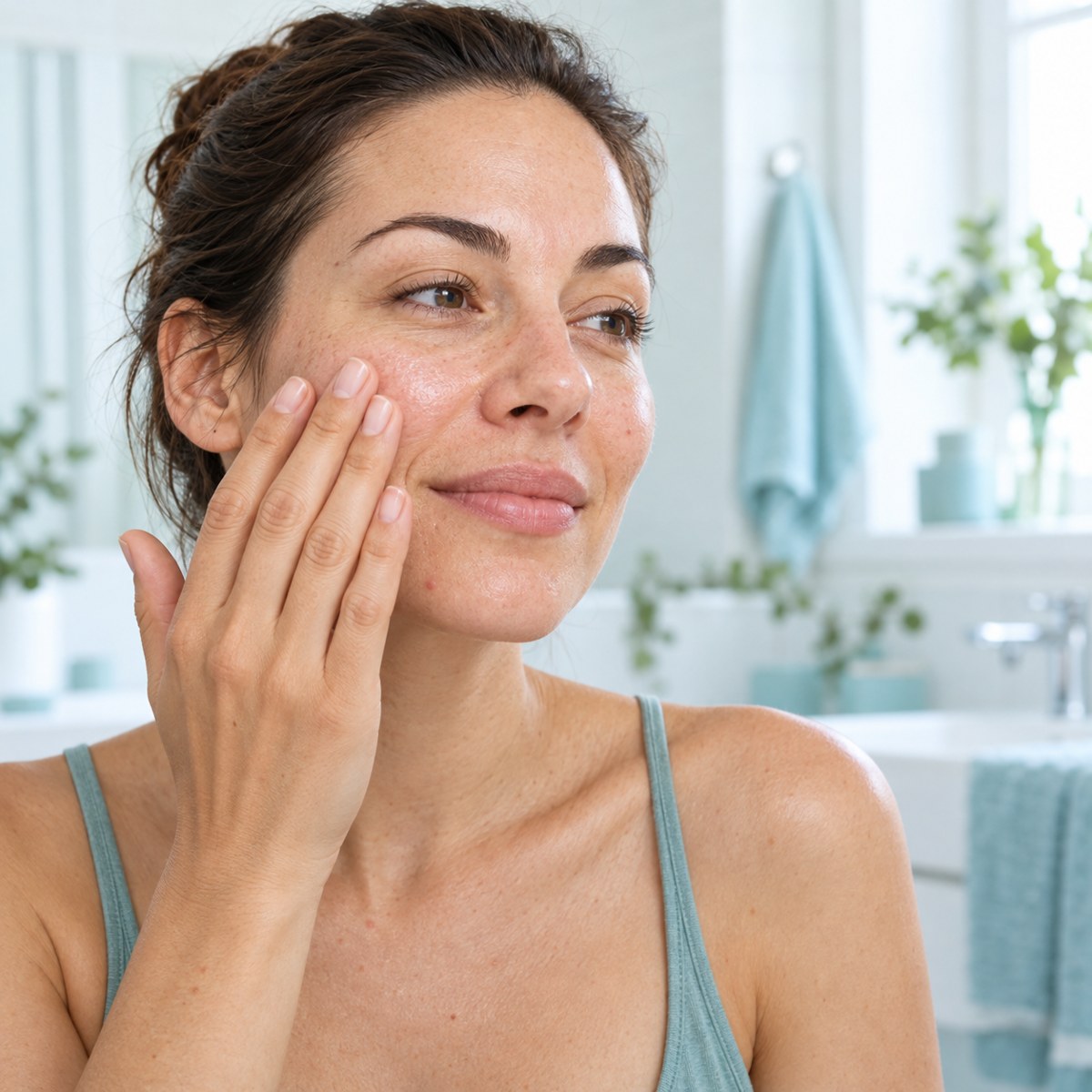 Woman smoothing a light moisturizer across her cheek