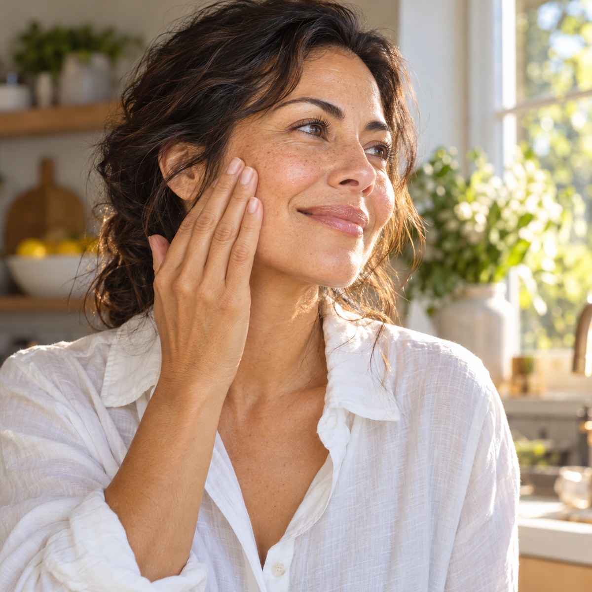 Woman smoothing moisturizer onto her cheek by a sunny window