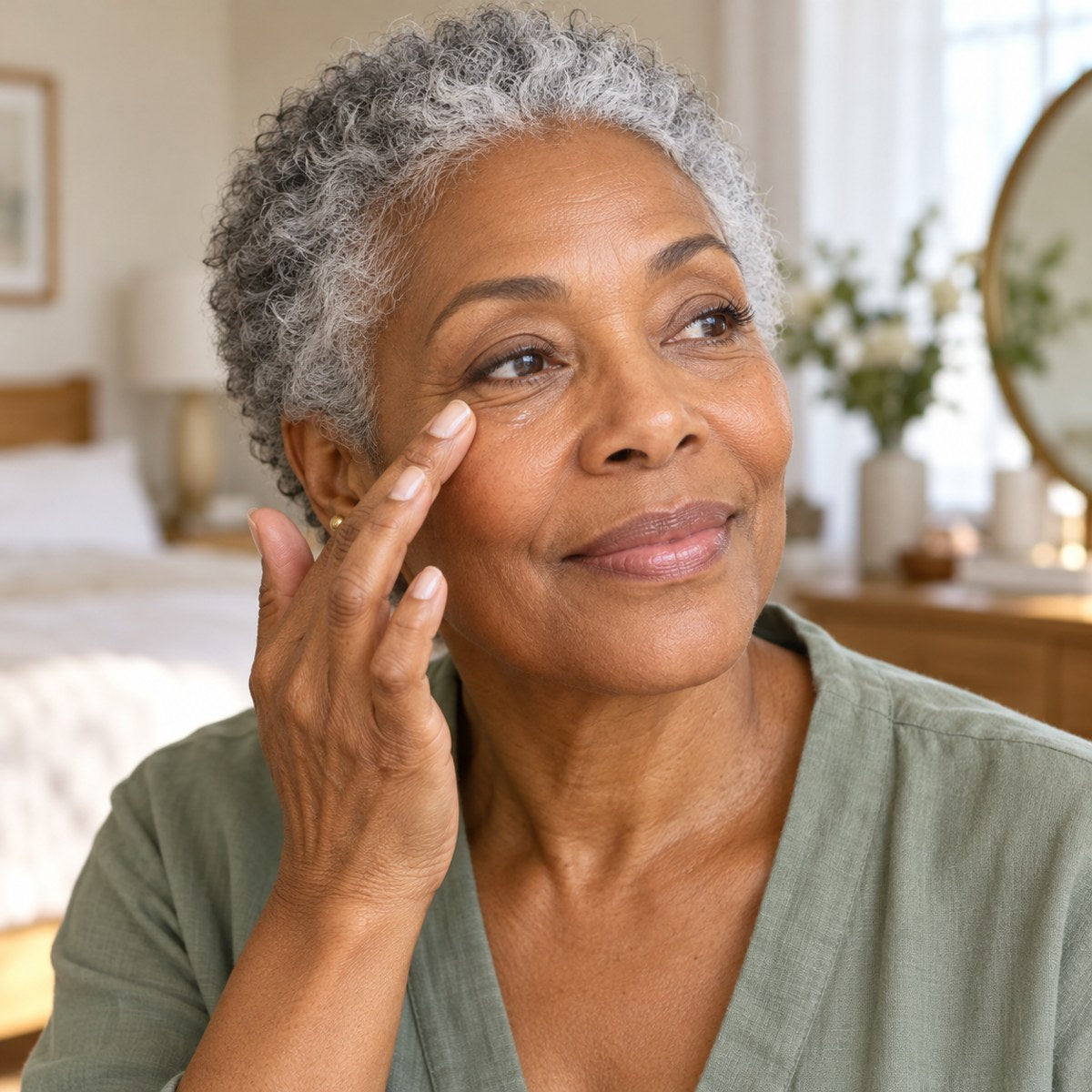 Woman with short grey hair patting eye cream under her eye