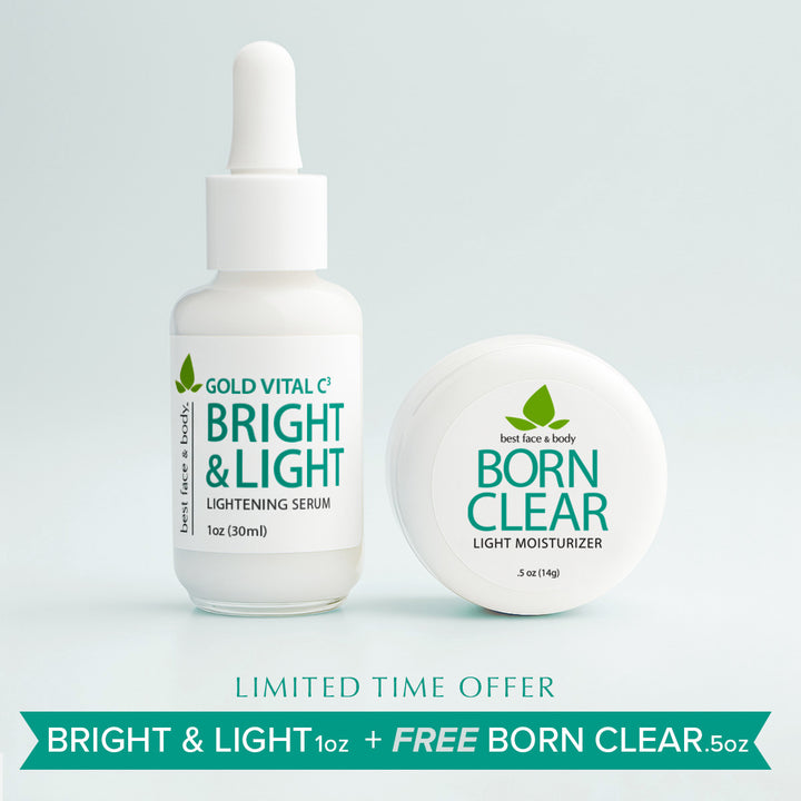 Gold Vital C Bright & Light serum and Born Clear moisturizer on a light blue background. limited time offer