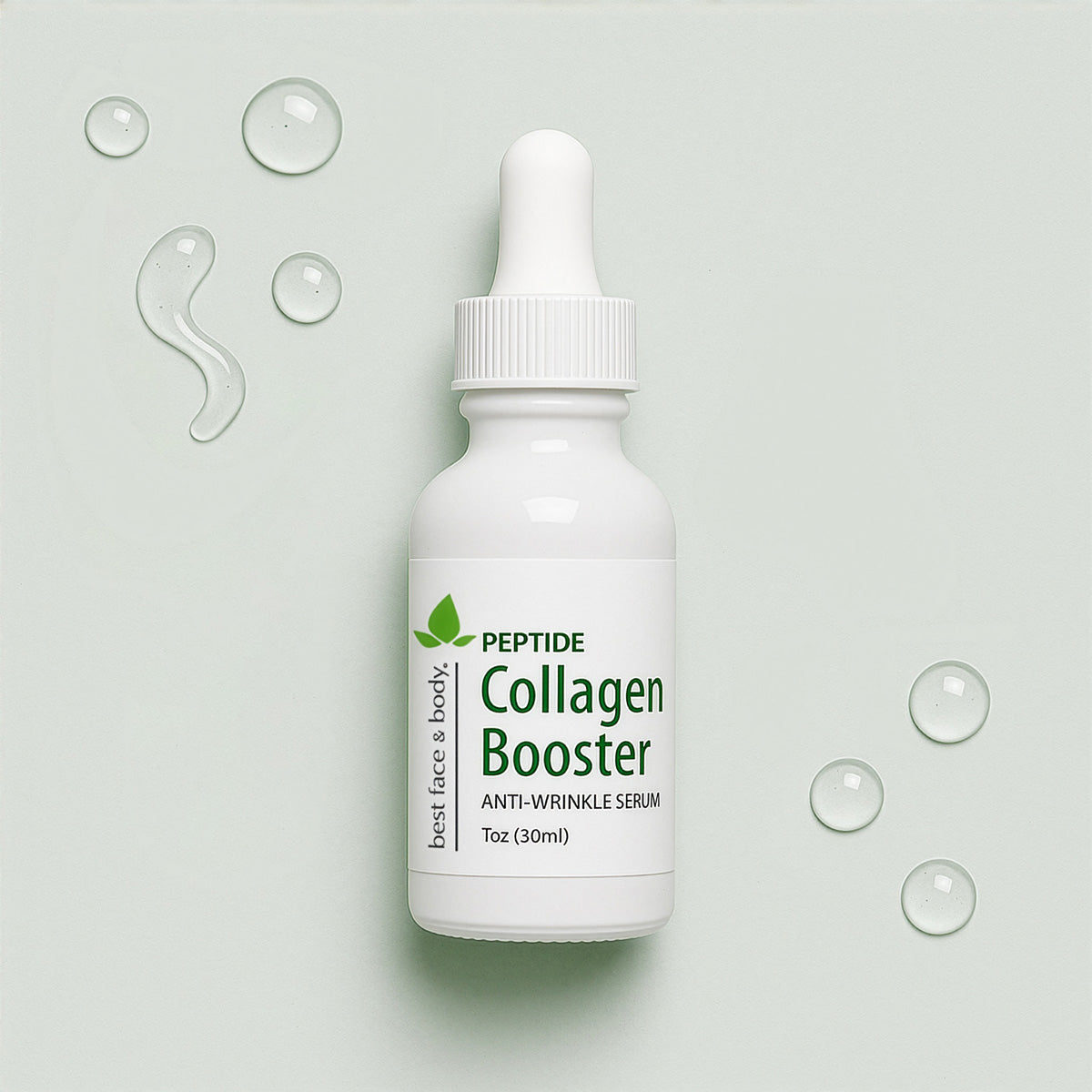 Peptide Collagen Booster serum bottle with dropper on a light green background