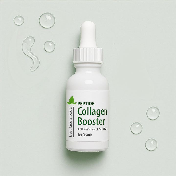 Peptide Collagen Booster serum bottle with dropper on a light green background