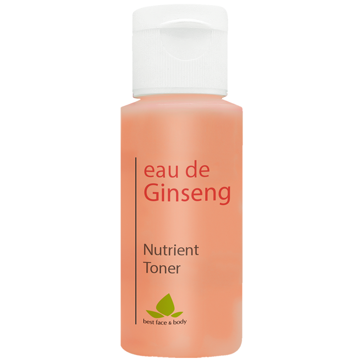 eau de ginseng nutrient toner - trial/travel size 1.25oz bottle with white cap and peach toned liquid
