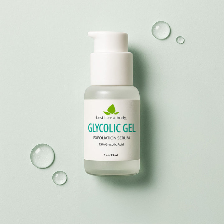 Bottle of Glycolic Gel Exfoliation Serum with droplets on a light green background