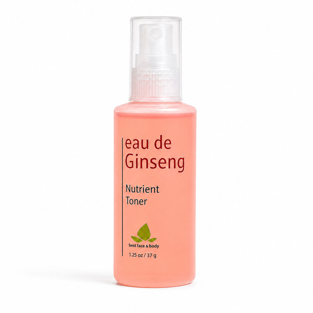 Travel sized spray bottle of 'eau de Ginseng' nutrient toner on a white background