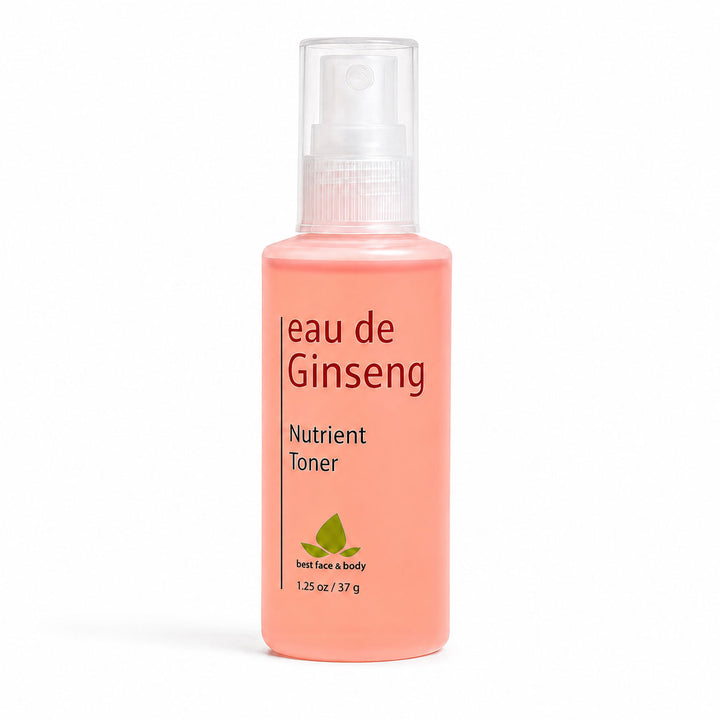 Travel sized spray bottle of 'eau de Ginseng' nutrient toner on a white background