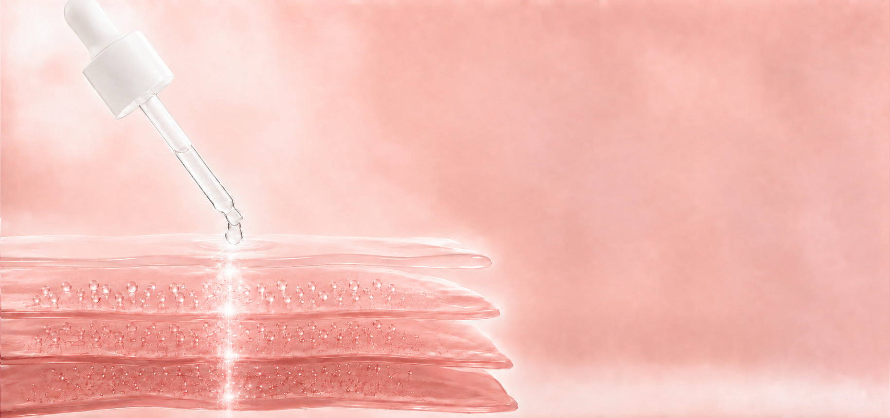 A close-up cosmetic illustration showing a dropper applying clear serum onto layered skin, with a soft pink and peach background and no visible brand text.