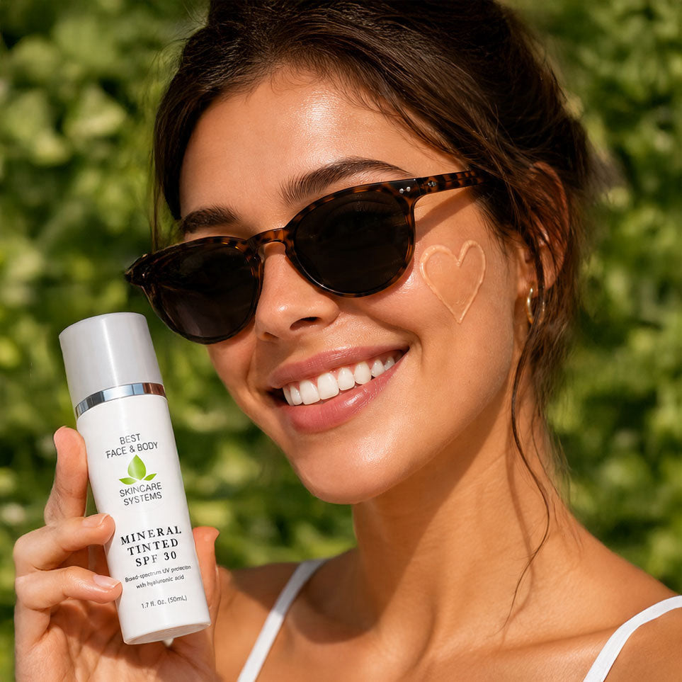 Woman holding a bottle of mineral tinted SPF 30 sunscreen with sunglasses on.