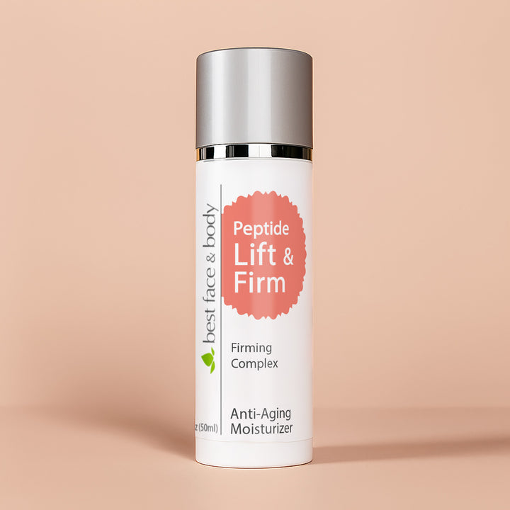 Skincare bottle labeled 'Peptide Lift & Firm' on a pink background