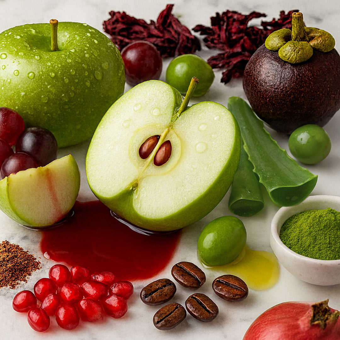 Assorted fruits and antioxidant ingredients on a marble surface