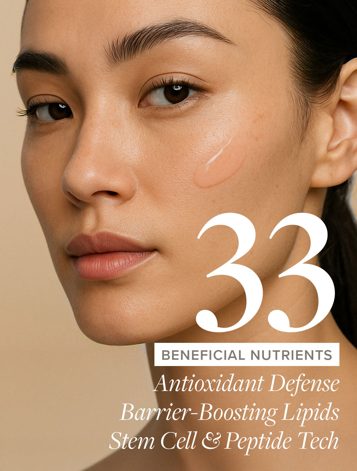 Close-up of a person's face with text about skincare benefits on a beige background