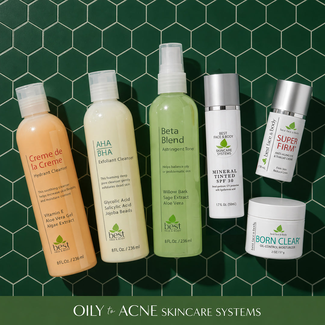 Deluxe Skincare system for oily to acne skin - Products arranged in a flatlay overhead shot on blue hexagon tile. Best Face & Body
