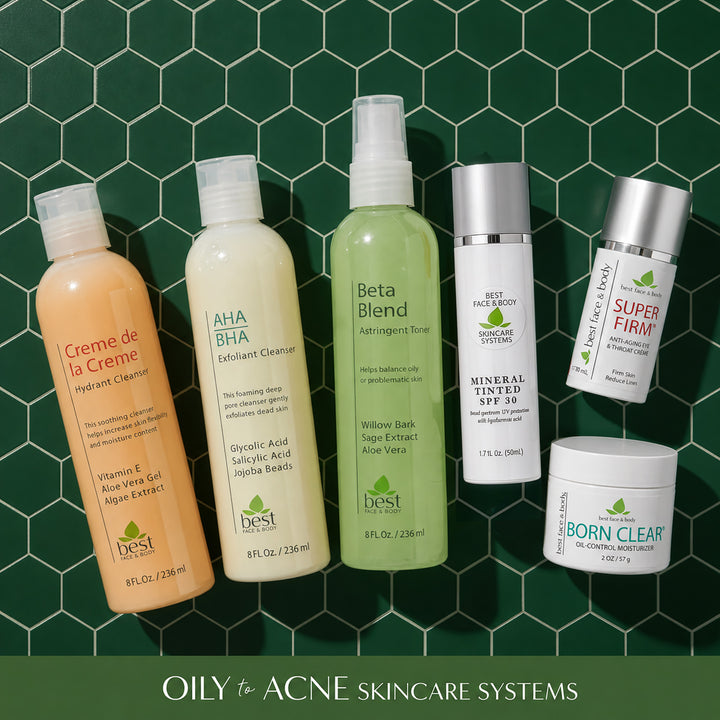 Deluxe Skincare system for oily to acne skin - Products arranged in a flatlay overhead shot on blue hexagon tile. Best Face & Body