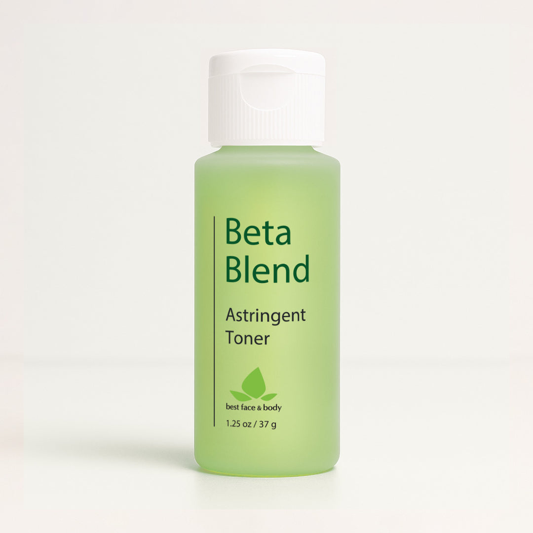 Travel sized green bottle of Beta Blend Astringent Toner on a white background