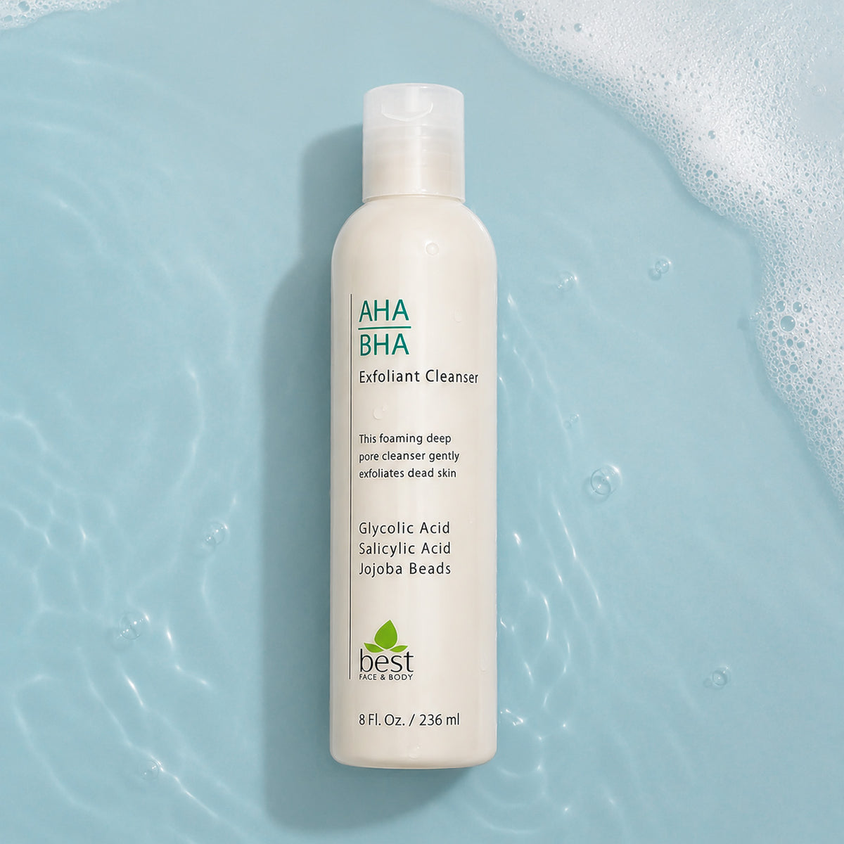 AHA BHA Exfoliant Cleanser. 8oz cosmetic bottle on watery background with foam. Best Face and Body