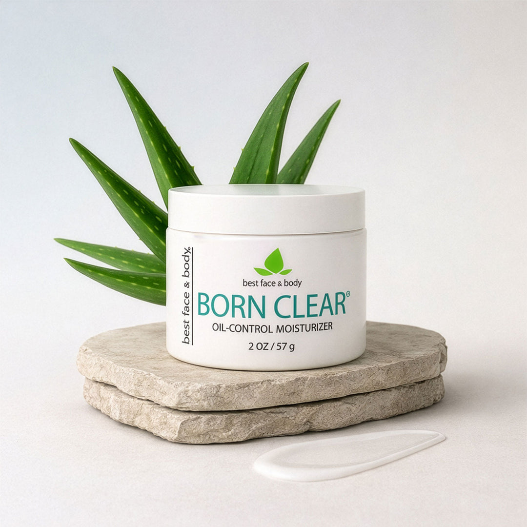 Jar of Born Clear oil-control moisturizer with aloe vera leaves on a light background - Best Face & Body
