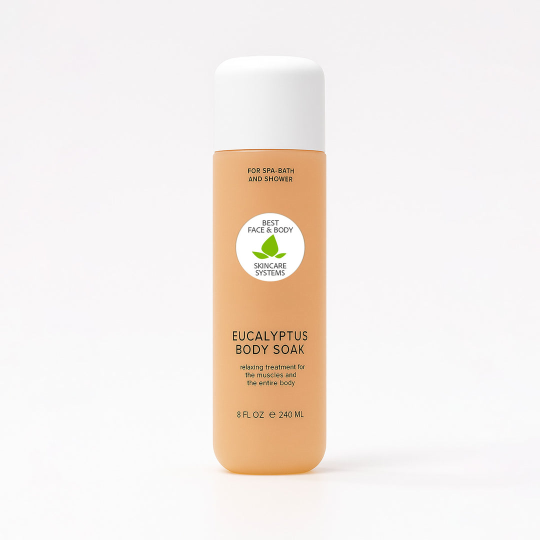 A bottle of Eucalyptus Body Soak by Best Face & Body Care on a white background