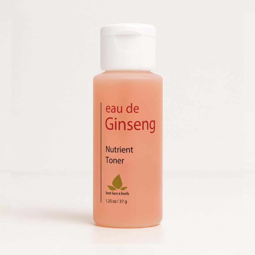 Travel sized bottle of 'eau de Ginseng' Nutrient Toner on white background