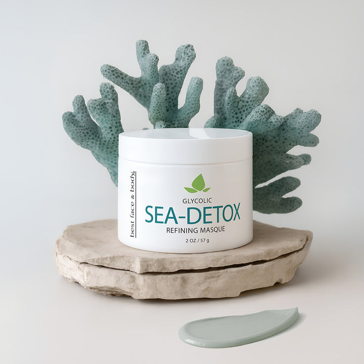 Sea-Detox refining masque container with coral-like design on a neutral background